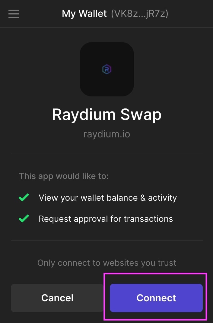 Connect your wallet to Raydium Swap